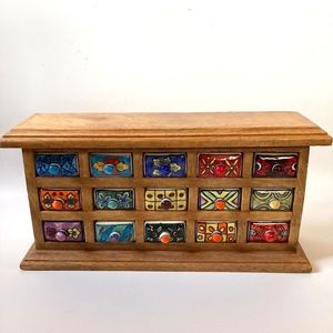 Wooden Spice/Jewelry Chest with Hand painted Ceramic Drawers